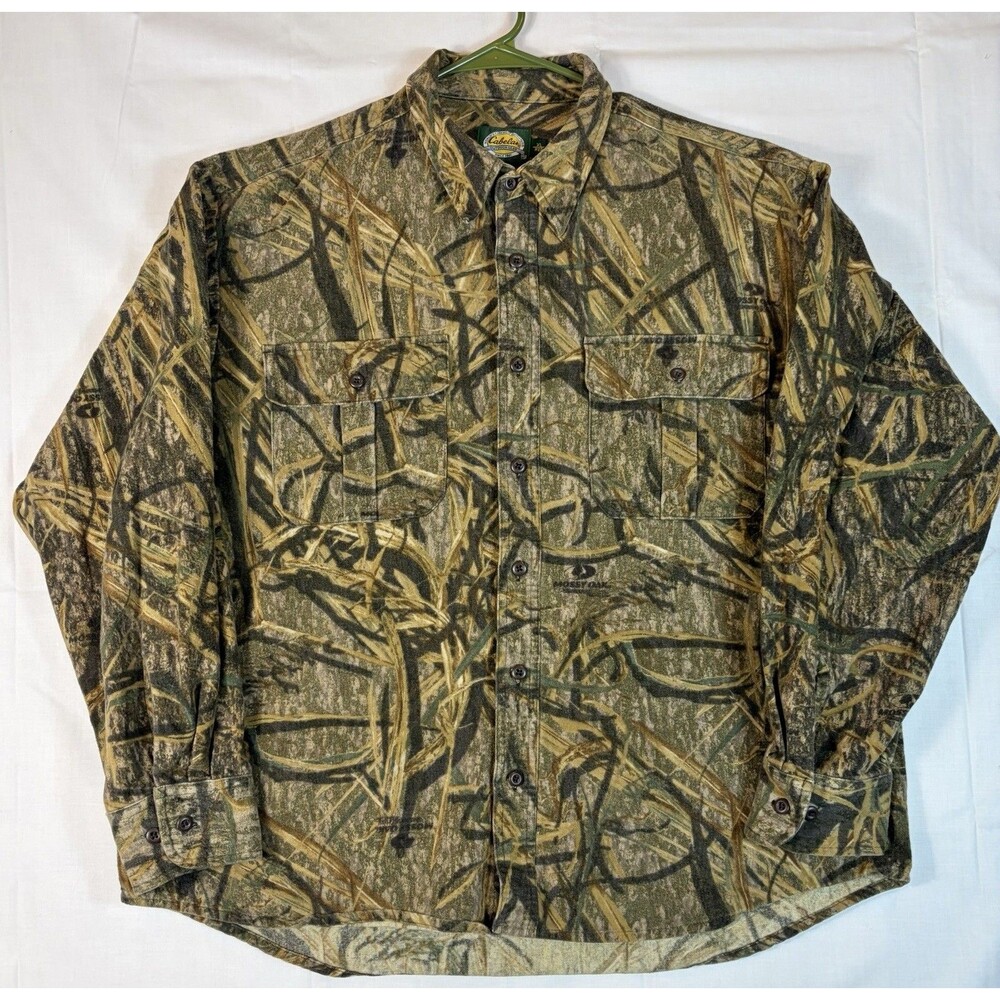 Cabelas Camo Shirt Chamois Button Hunting Mossy Oak Shadow Grass Men’s XL